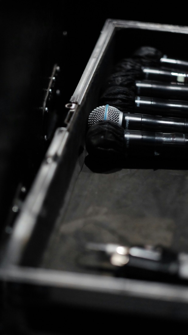 Wireless microphones packed in a road case
