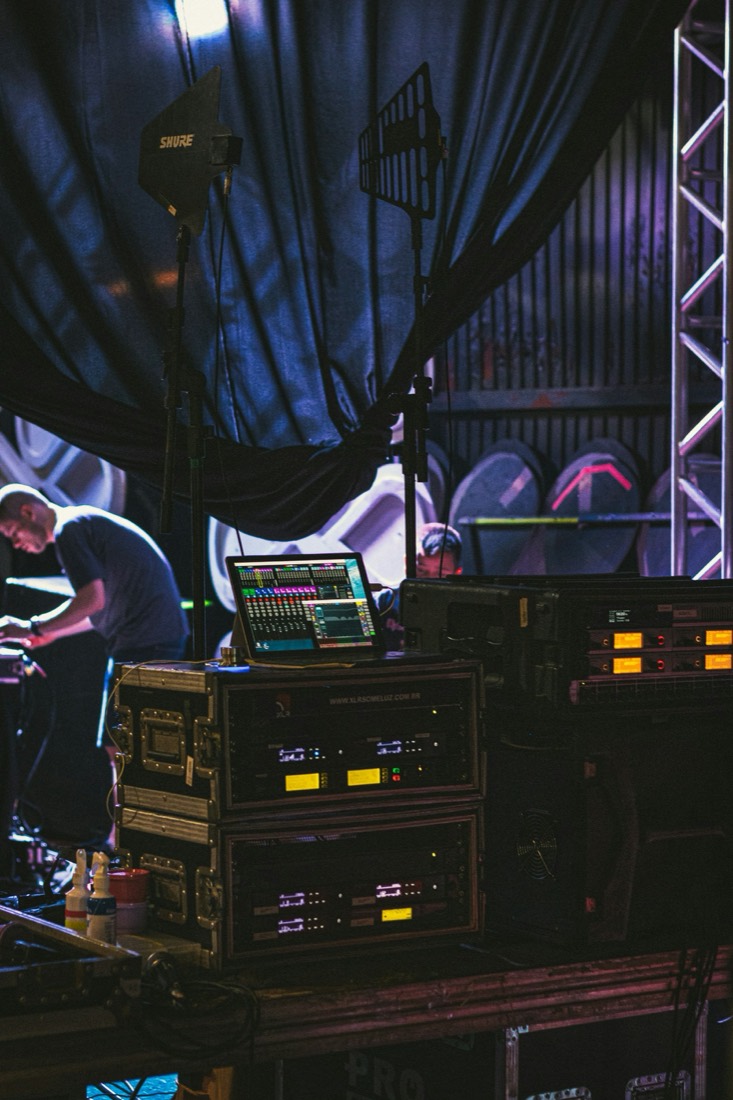 Wireless receivers and a mixing laptop side of stage
